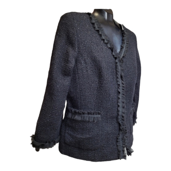 Talbots Tweed wool Boucle Jacket black sparkly lace ruffle fray trim Women's 12 - Picture 4 of 16